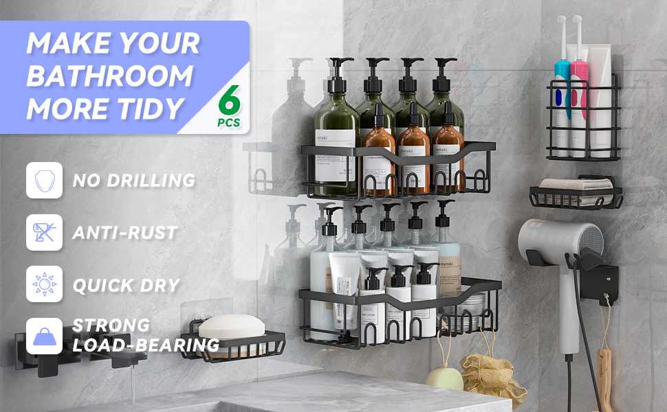 Поличка для душу без свердління, 6 шт. Регулятор для ванної кімнати з тримачем для фену та гачками, поличка для душу з нержавіючої сталі, настінна, самоклеюча, органайзер для ванної кімнати та кухні сірого кольору