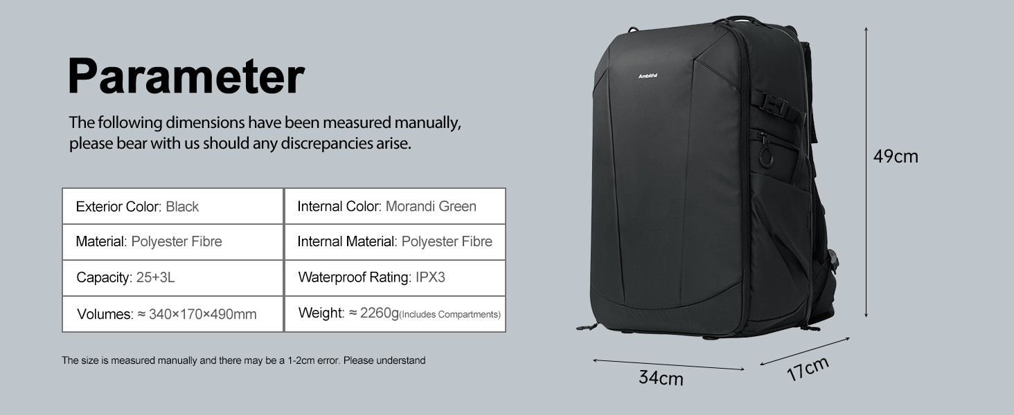 Чорний фоторюкзак AMBITFUL 25L+3L для DSLR/SLR/Mirrorless камер з відділенням для ноутбука та трипода (водонепроникний, ергономічний)