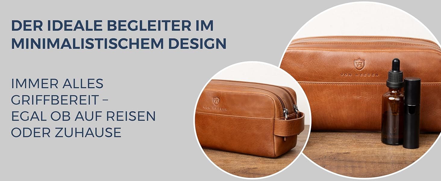 Шкіряна косметичка для подорожей VON HEESEN — дорожня сумка для аксесуарів та гігієни з 2 відділеннями, натуральна шкіра, коричнева (Cognac Braun)
