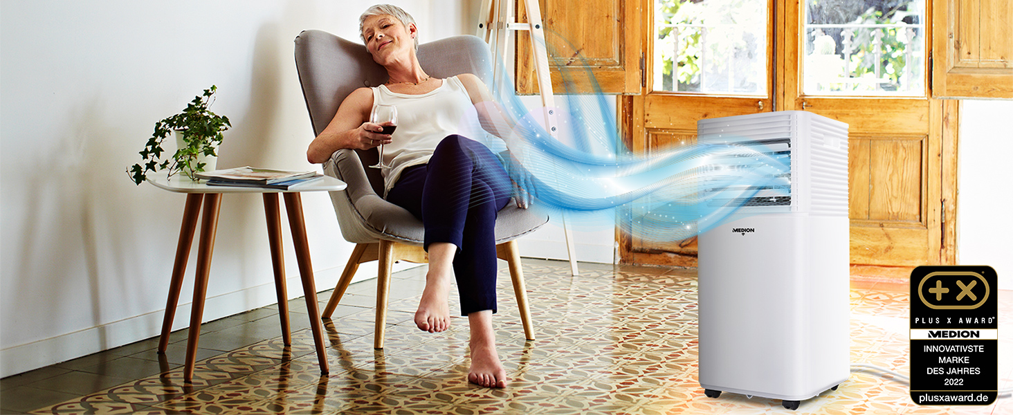 Мобільний кондиціонер MEDION E701 (7000 BTU) з випускним шлангом, для приміщень до 25м², 3-в-1 (охолодження, осушення, вентиляція), з пультом дистанційного керування та режимом сну, MD 37730