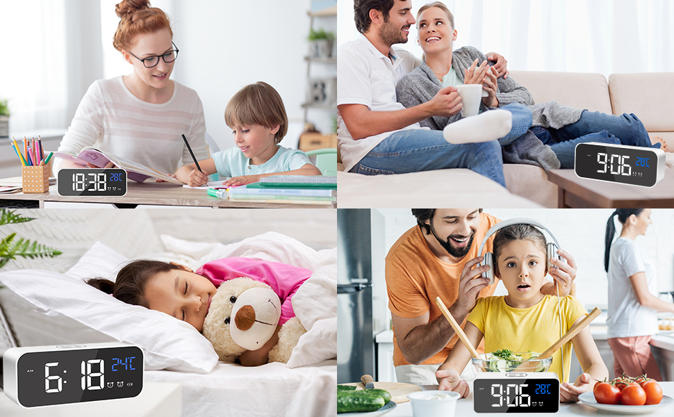 Цифровий годинник MOSUO з LED-дисплеєм, USB-зарядка, показник температури, голосове керування, 2 таймери, функція відкладання, регулювання яскравості та гучності, білий