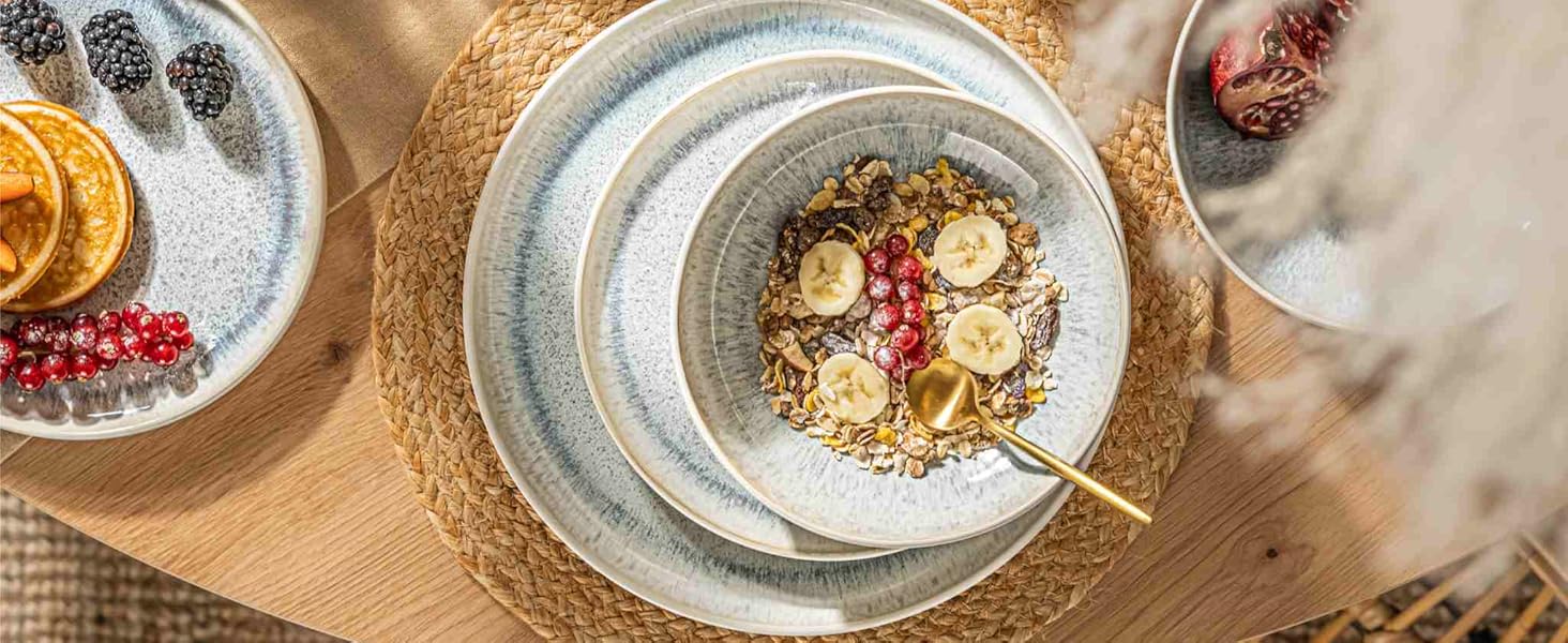 Набір кавових чашок SÄNGER Santorini з блюдцем, 8 шт. (4 персони), 150 мл, кремовий з блакитним градієнтом, кераміка, преміум-якість