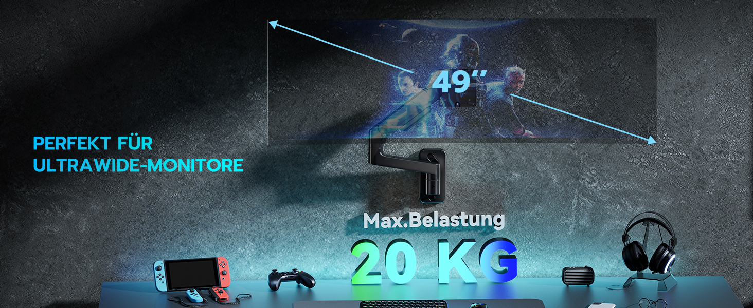 Настінний кронштейн для монітора ARES WING для UltraWide екранів 17-49 дюймів, газліфт, навантаження до 20 кг, VESA 75/100, регульований тримач для офісу та геймінгу, чорний
