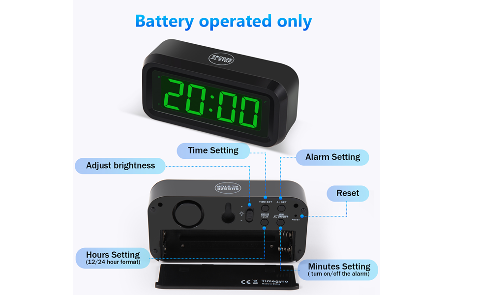 Цифровий годинник-будильник Timegyro з LED-дисплеєм, портативний для подорожей, настільний, з регулюванням яскравості, великий LED-дисплей 1.2' для спальні, вітальні, чорно-зелений