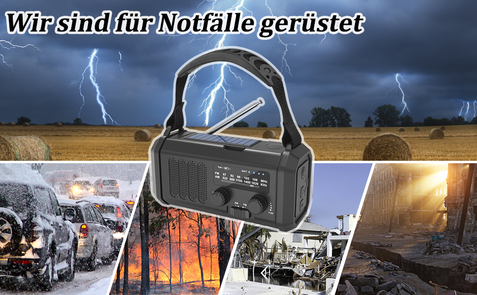 Радіо Solar Radio на сонячних батареях з ручним заводом AM/FM, Powerbank 20000mAh, ліхтарик LED, SOS-сигнал, USB-C зарядка для телефону, чорне – для кемпінгу та активного відпочинку