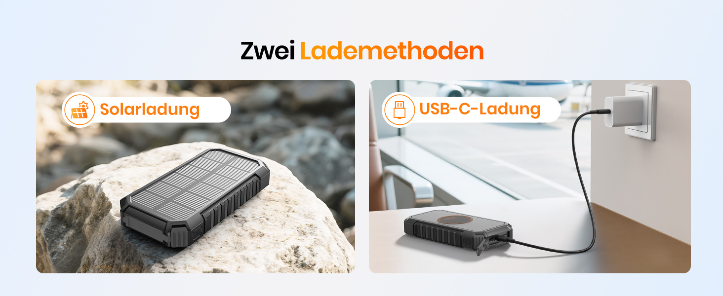 Power Bank ADDTOP 20000mAh сонячна, бездротова зарядка, USB-C, 3.0A, з ліхтариком для смартфонів та планшетів (чорний)