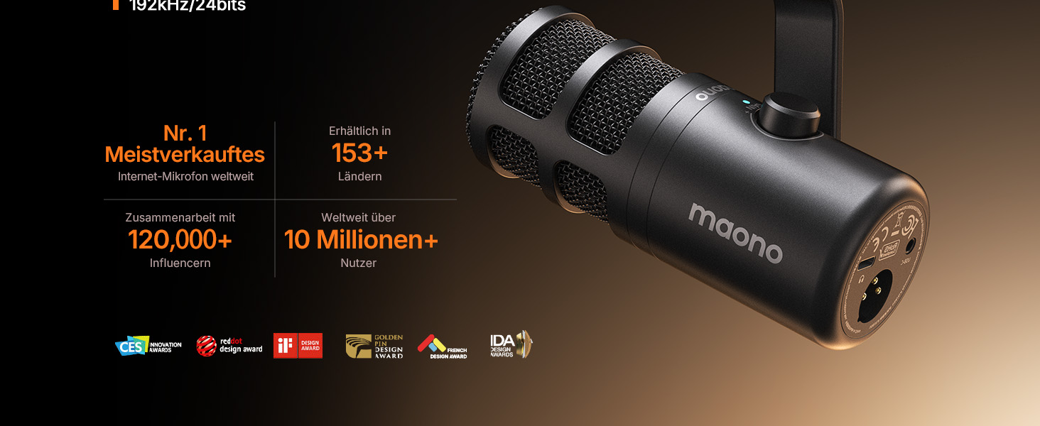 Динамічний мікрофон MAONO PD100 Gen2S USB/XLR для стрімінгу та подкастів, 192кГц/24біт, з пантографом (мікрофонною стійкою), кнопкою Mute та моніторингом