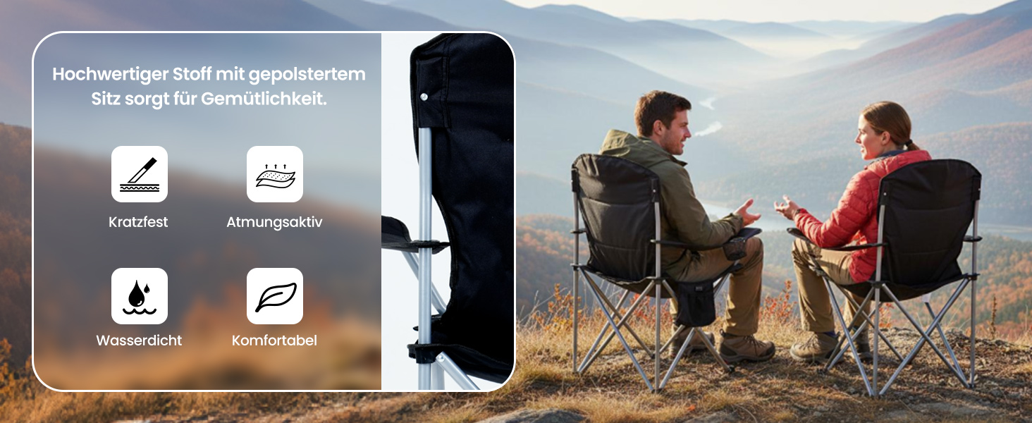 Кемпінговий стілець розкладний (до 200 кг) з подушкою 6 см - великий стілець для риболовлі, кемпінгу, саду та фестивалів. Міцний стілець з бічними кишенями та сумкою для транспортування (чорно-сірий, поодинокий)