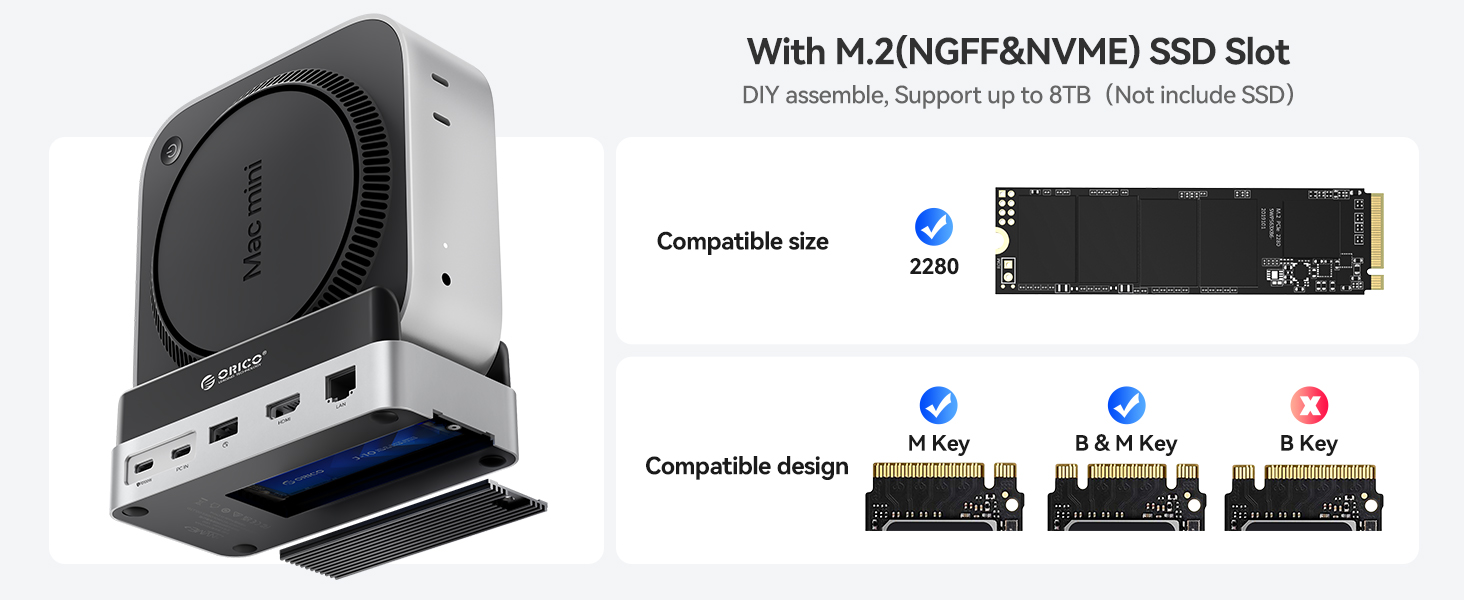 ORICO MiniDock VS10: Док-станція та підставка для Mac mini M4/M4 Pro з корпусом для NVMe SSD, хаб USB-C з 4K HDMI, DisplayPort, SD/TF 3.0, USB-C/A 10Gbps, PD 100W, 10-в-1, DIY