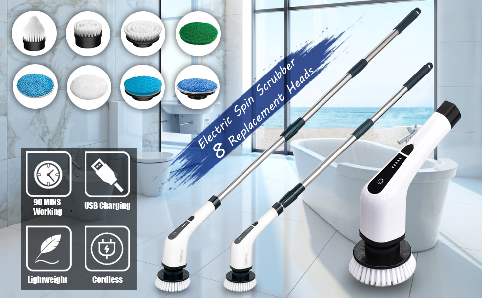 Electric Cleaning Brush, Electric Spin Scrubber Cordless With 8 Interchangeable Drill Brush Heads, Shower Cleaning Brush with Adjustable Handle for Bathroom, Tile Floor and Car