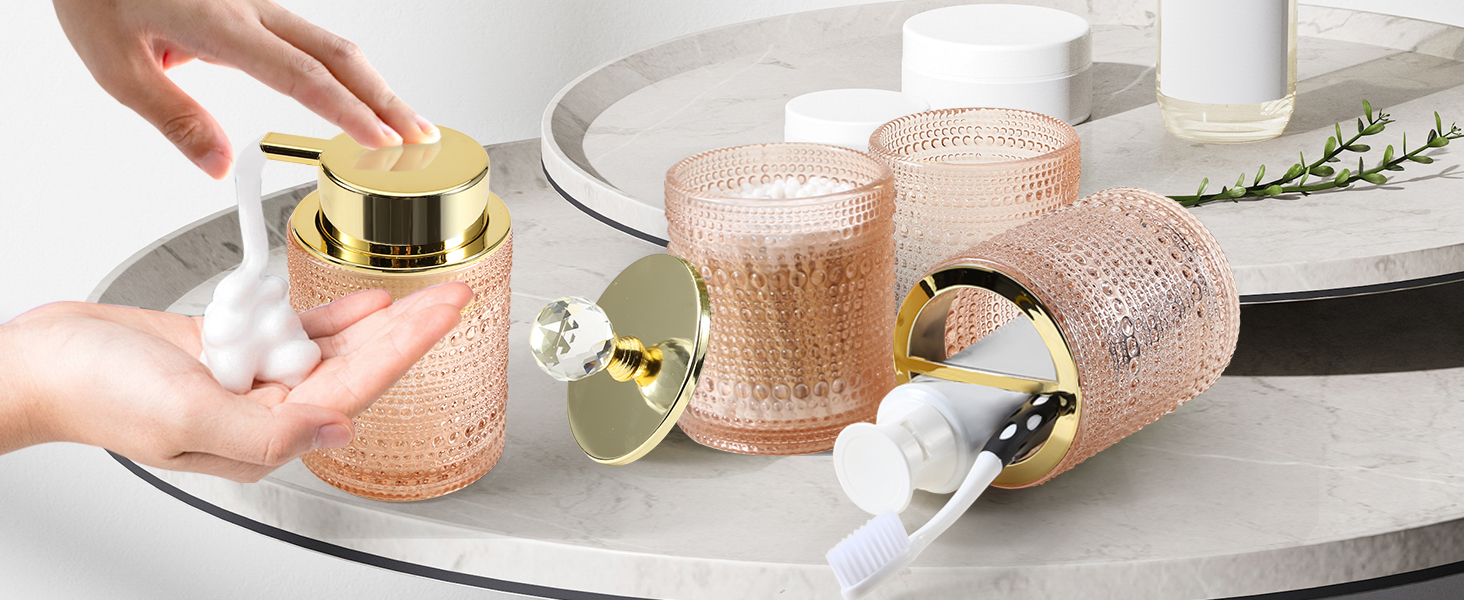 Набір аксесуарів для ванної кімнати Dasiton (4 шт.) з дозатором для мила, тримачем для зубних щіток, стаканом для полоскання та контейнером для ватних паличок (зелений/рожевий)