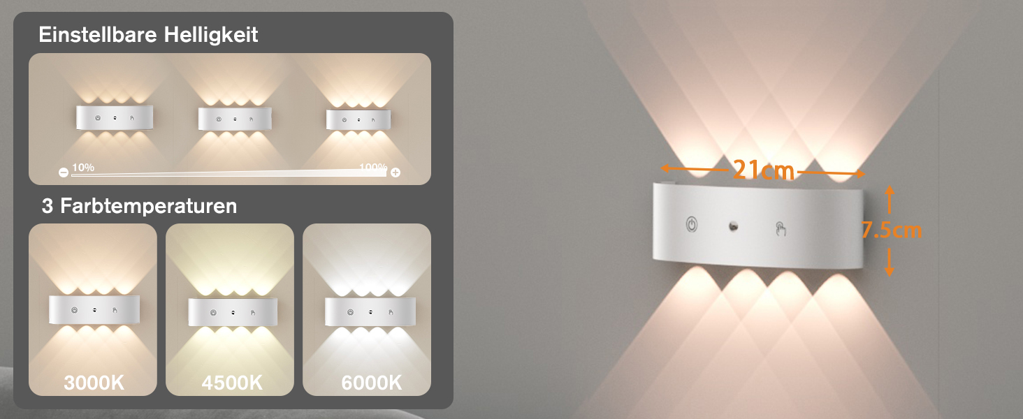 LED-стінні світильники на батарейках YrgePowk (2 шт.) з датчиком руху, USB-зарядка, 3 кольори, бездротові, білі