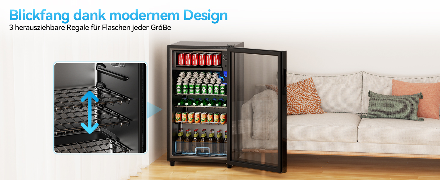 Холодильник для напоїв TriumphKEY, 85 літрів з LED-підсвіткою, скляна дверцята, 3 полиці та відділення для пляшок (сода, пиво, вино)