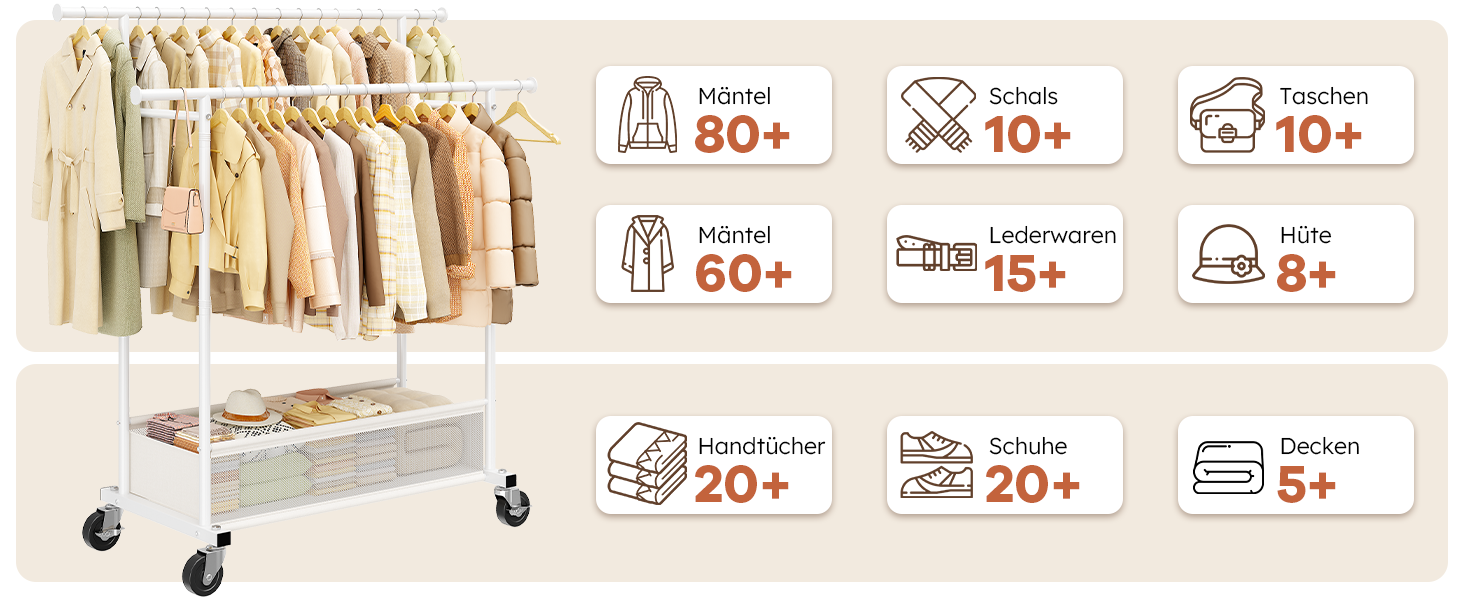 Подвійний мобільний вішак для одягу з кошиком для білизни, металевий (110 кг), білий - міцний вішак для пальт, суконь, светрів