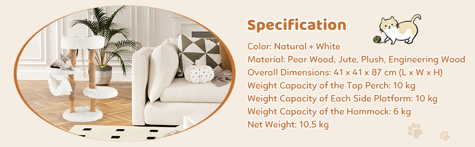 Дерев'яна кігтеточка SOARS для котів з 3 природними стовбурами, ліжком та плюшевими поверхнями, з іграшковим м'ячиком та джутовим мотузком, багатоповерхова, біла (124 см)