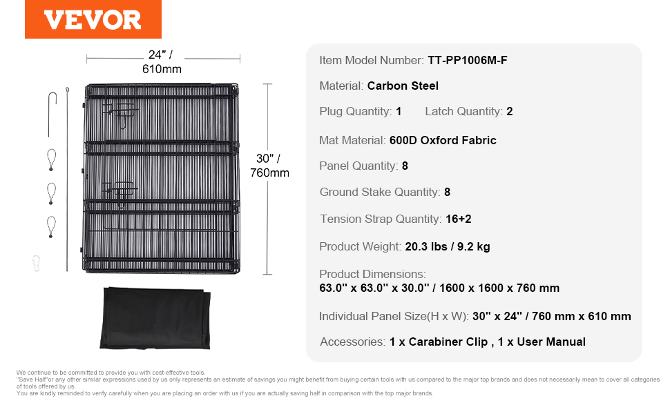 Лягушковий загін для собак VEVOR: 8 панелей, 76x61 см, металевий, з килимком, для собак, котів та інших дрібних тварин