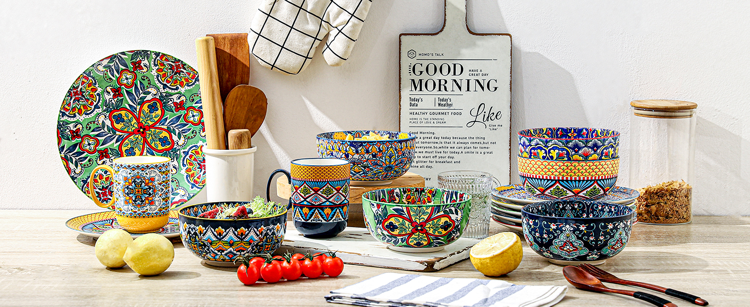 HENXFEN Набір з 6 порцелянових мисок для мюслі, супу, салату, 850 мл. Богемний квітковий дизайн, 6 кольорів