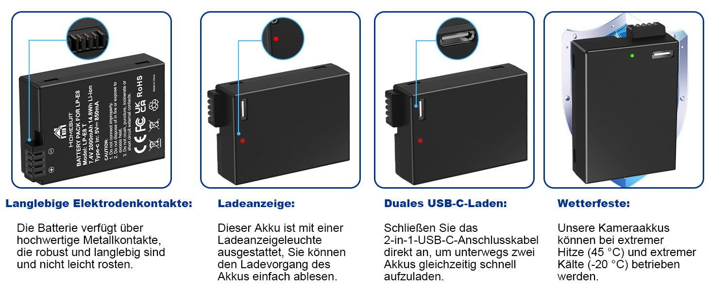 Акумулятор LP-E8 1800mAh Homesuit + LED зарядний пристрій для Canon EOS Rebel T2i T3i T4i T5i 600D 650D 700D Kiss X4 X5 X6 X6i X7i (2 шт. акумулятори + 1 зарядний пристрій)