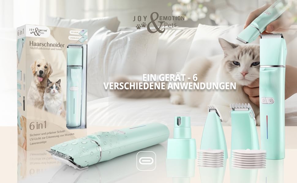 Машинка для стрижки тварин Joy & Emotion® 6-в-1: для котів та маленьких собак, з лазером та УФ-світлом, бездротова, тиха
