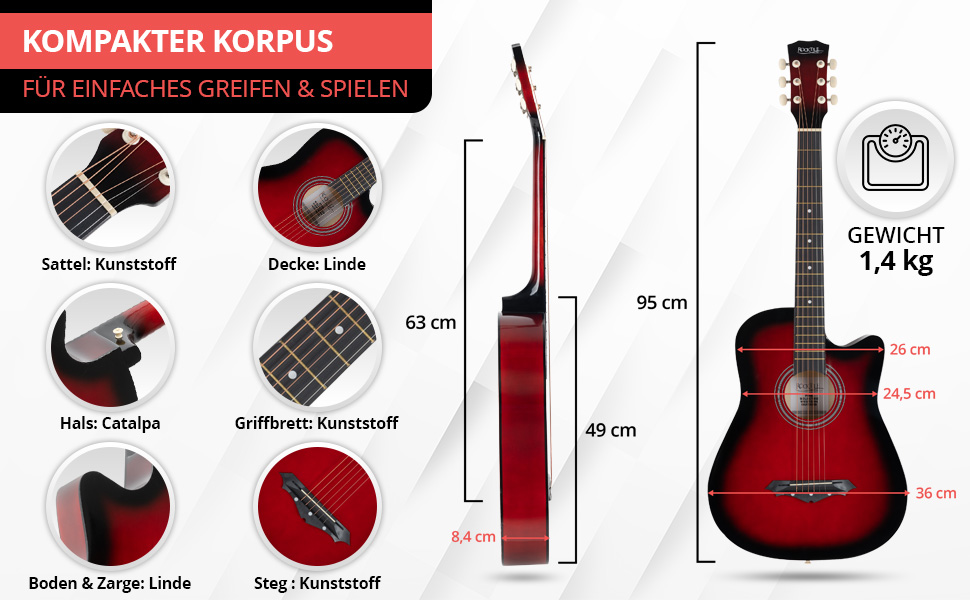 Rocktile WSD-5C-RDB: Акустична гітара Вестерн Slim Line - комплект з чохлом, струнами, ремінком та медіатором. Корпус з липи, гриф з катальпи. Колір: Redburst