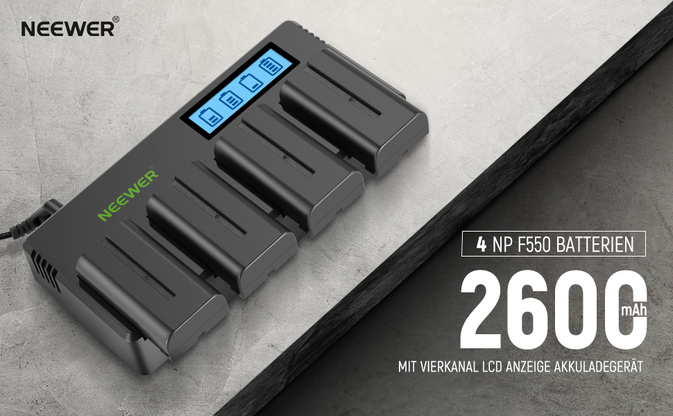 Зарядний пристрій NEEWER для акумуляторів Sony NP-F з LCD дисплеєм (4 канали, 2600mAh NP-F550 в комплекті)