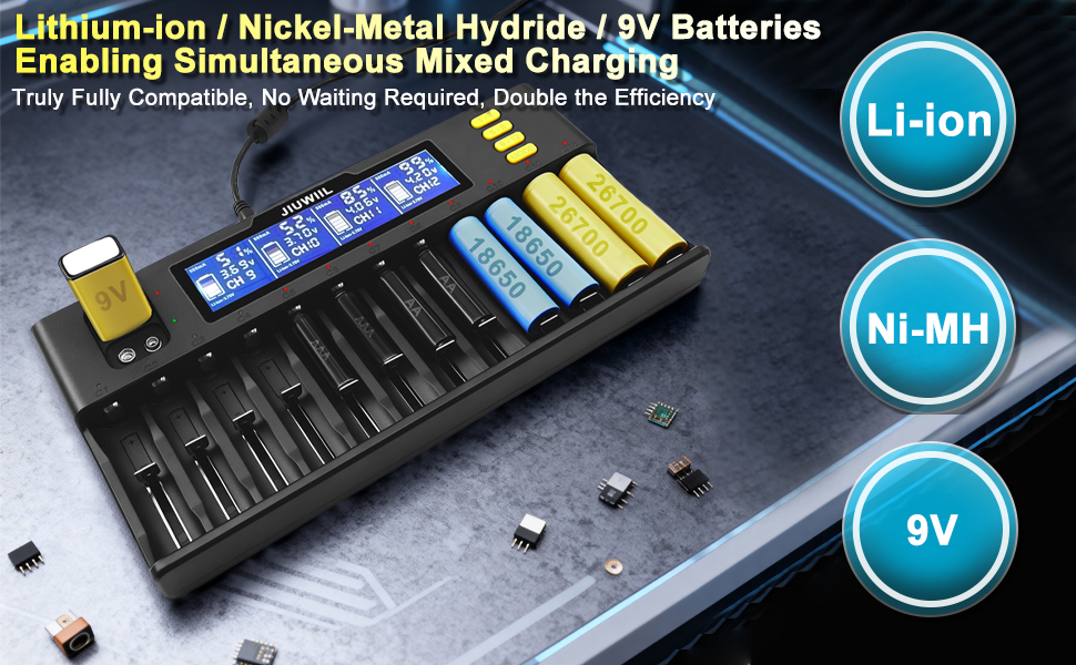 Зарядний пристрій для акумуляторів 18650 JIUWIIL з LCD-дисплеєм, універсальний, 12+2 слоти, для Li-Ion, LiFePO4, 26650, 17500, 16340, 18650, 14500, 10440 та 9V акумуляторів