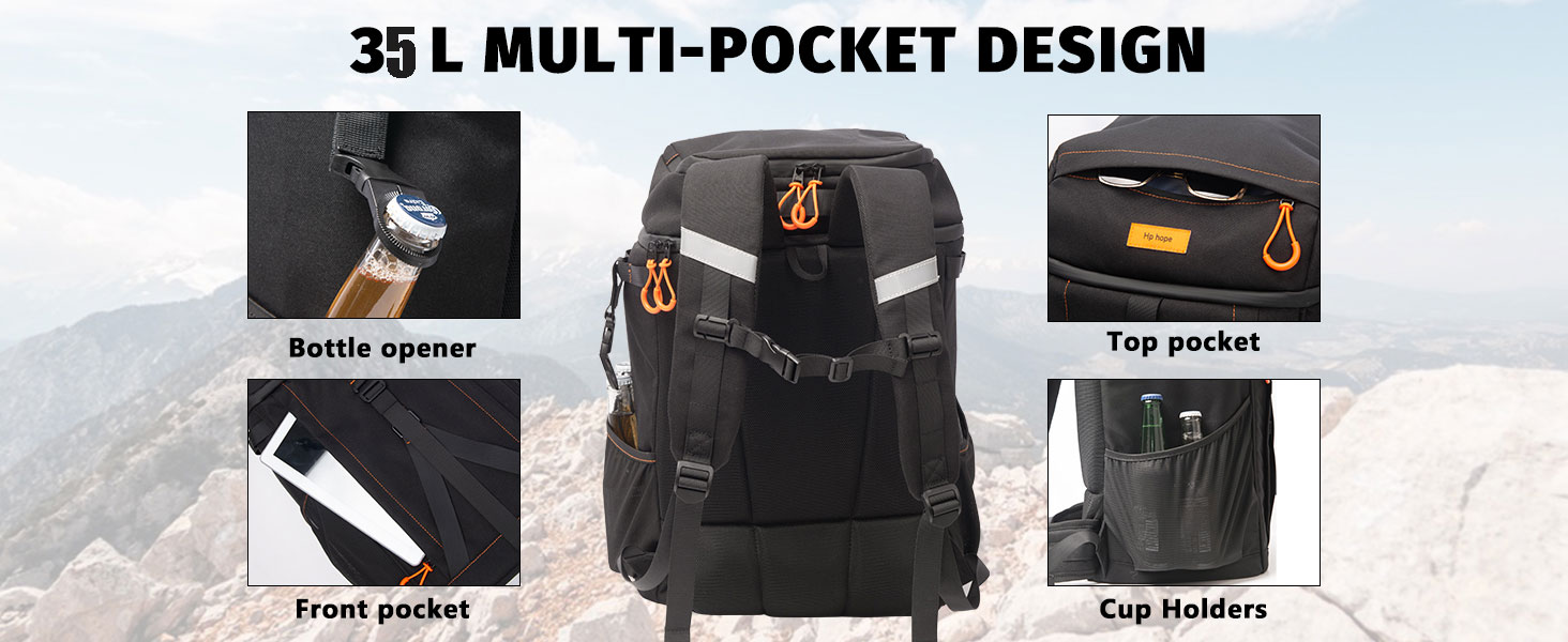 Рюкзак-холодильник HP Hope 35L, водонепроникний, ізольований, чорно-помаранчевий. Ідеально для пікніків, відпочинку на природі, кемпінгу та подорожей. Об'єм: 35 літрів, вміщує до 48 банок.