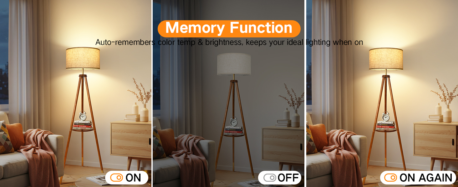 OUTON LED торшер з регулюванням яскравості, тринога, дерево з полицею, пульт дистанційного керування, 4 колірні температури, таймер на 1 годину, штатив, абажур кольору беж для вітальні, спальні, офісу (волоський горіх-золото)