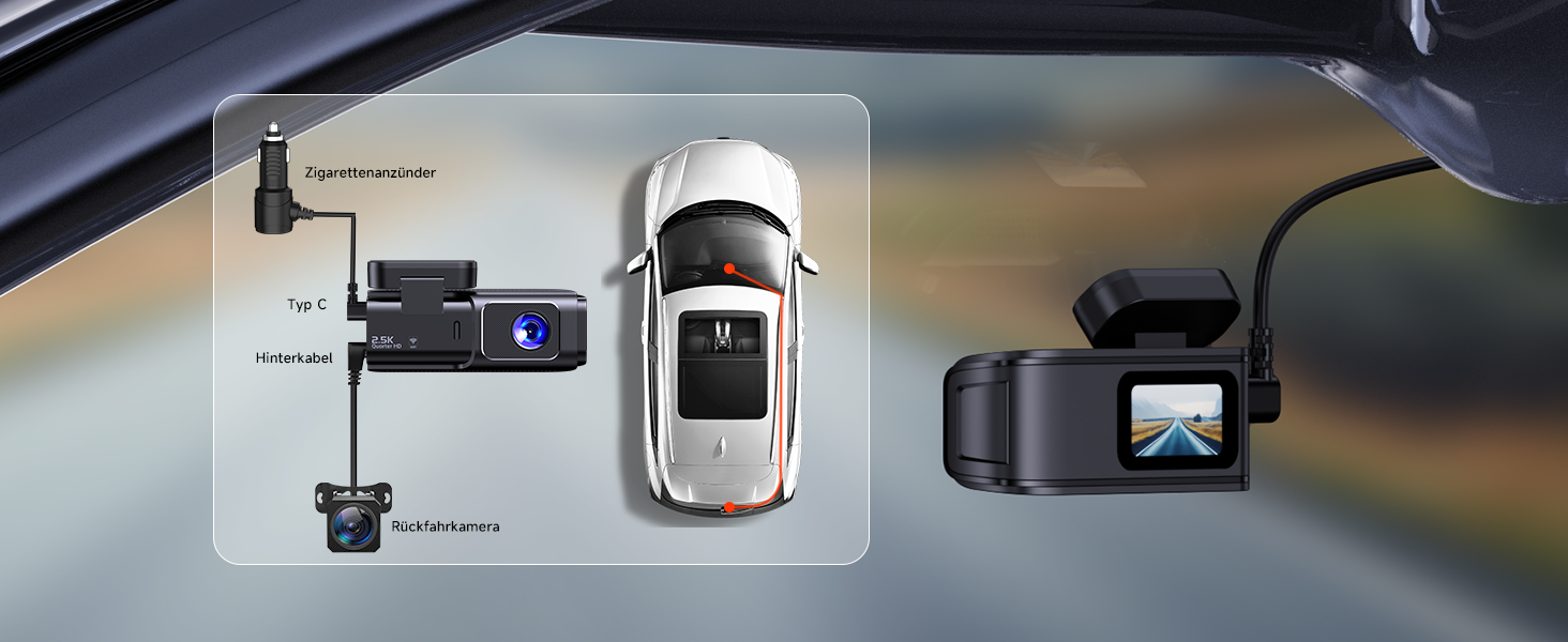 Автомобільний відеореєстратор Dashcam Dual 2.5K + 1080P з WiFi, 32GB SD-картою, ширококутним об'єктивом 170°, нічним баченням та датчиком удару G-сенсором, чорний