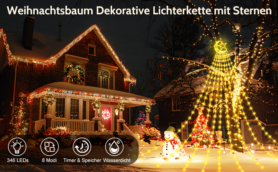 Гірлянда для ялинки 3,5м, 346 LED, 9 струмків, зірка-верхівка, 8 режимів, вологостійка, тепле біле світло