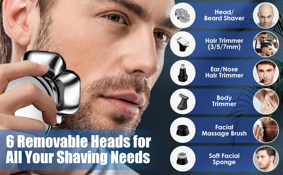 Електричний гостростример для голивної голови Glatzen, 6-в-1, з плаваючою насадкою 9D, IPX7 водонепроникний, LED дисплей, Type-C, для чоловіків