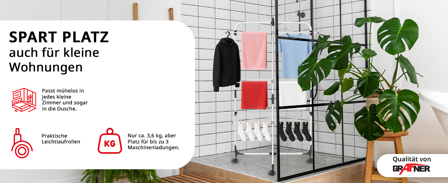 Сушарка для білизни Grafner Turm з колесами, 30 метрів мотузки, 3 яруси, 6 крил, розкладна та компактна