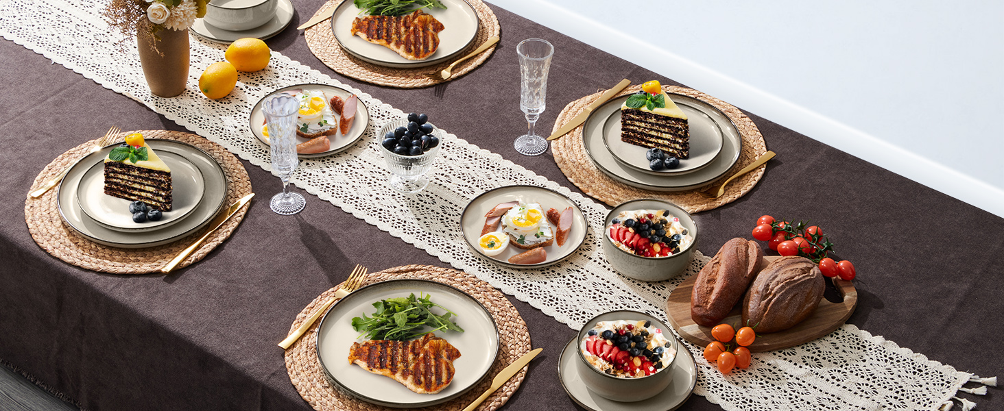 Набір посуду Onader для 6 осіб (18 предметів), керамічний сервіз, 6 тарілок для їжі, десертних тарілок, мисок для каші, стійкий до миття в посудомийній машині та подряпин (Karst Khaki)