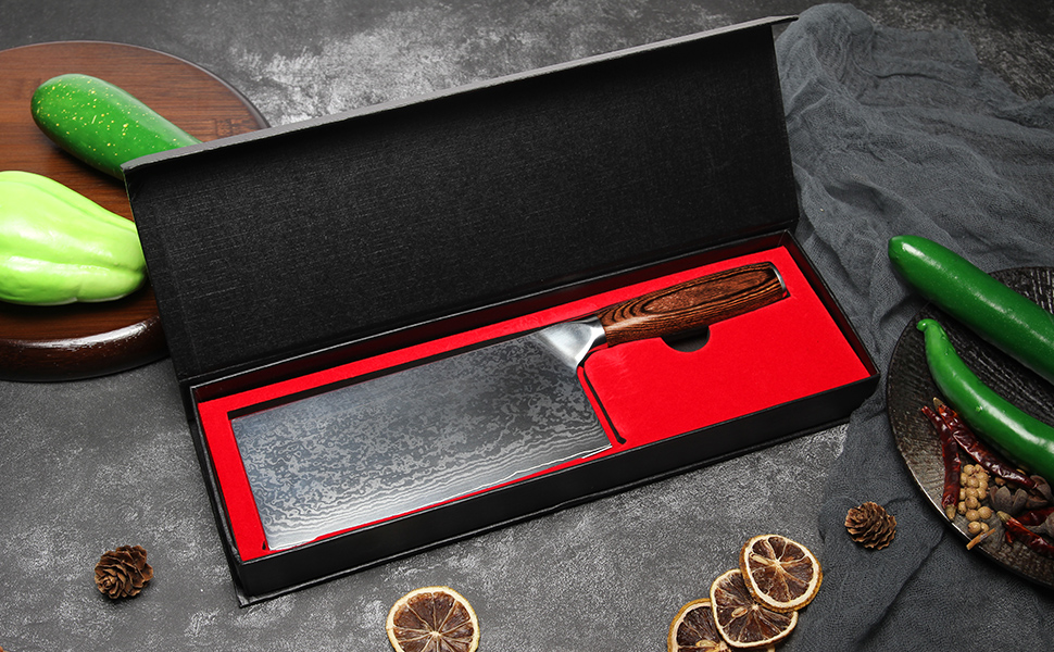 Ніж кухарський Дамаск Шарф: професійний ніж для м'яса з дамаської сталі, ручна робота, з антиковзним дерев'яним руків'ям, у подарунковій коробці
