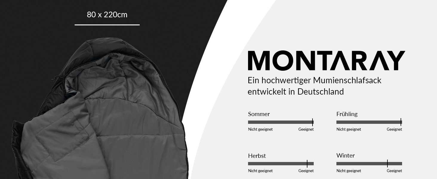 Спальний мішок Mumienschlafsack для 3-4 сезони, 8°C до -5°C, 300GSM, 80x220cm, для жінок та чоловіків, чорний