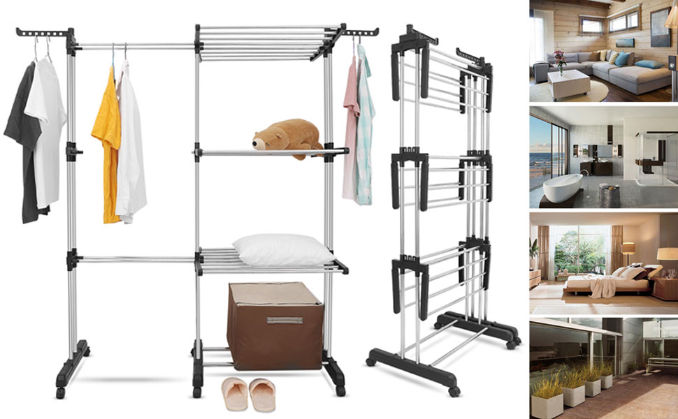 Сушарка для білизни Turm з колесами, складна, 3 рівні, сіра. Компактна сушарка-вежа для дому та вулиці