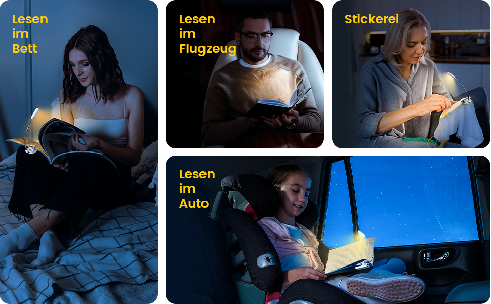 LED лампа для читання Glocusent з кліпсою, перезарядна, 10 світлодіодів, 3 кольори та 3 рівні яскравості, до 80 годин роботи, гнучка на 360°, для читання, білий колір