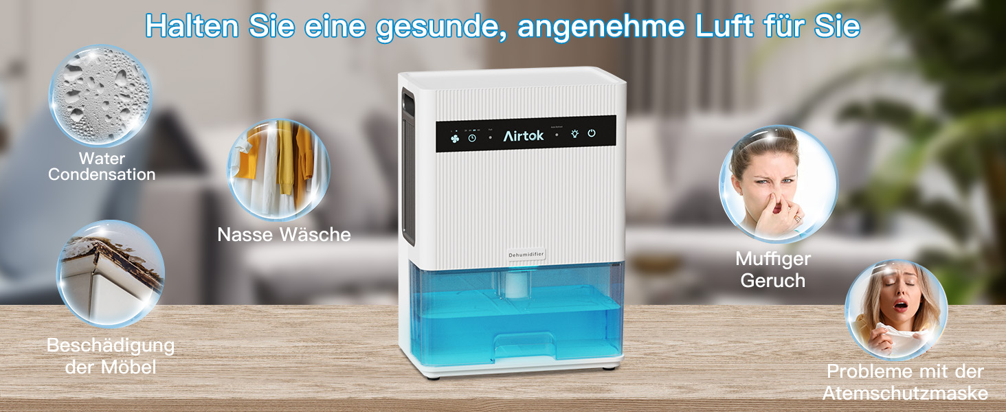 Електричний осушувач повітря Airtok 3000 мл, 35 м² для спальні, підвалу, з таймером, авторозморожуванням, 7 кольорів підсвічування