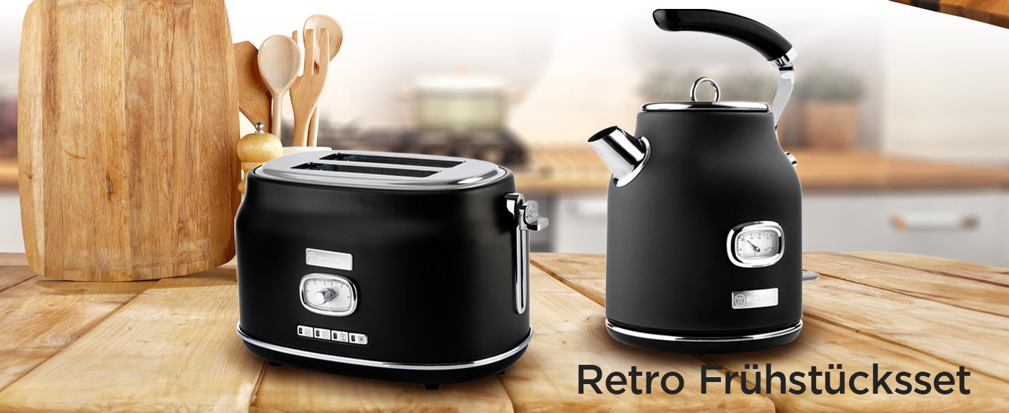 Набір для сніданку Westinghouse Retroline (Тостер та Чайник), 1.7 л, фільтр від накипу, захист від перегріву, тостер з підігрівом для бургерів, піддон для крихт, чорний
