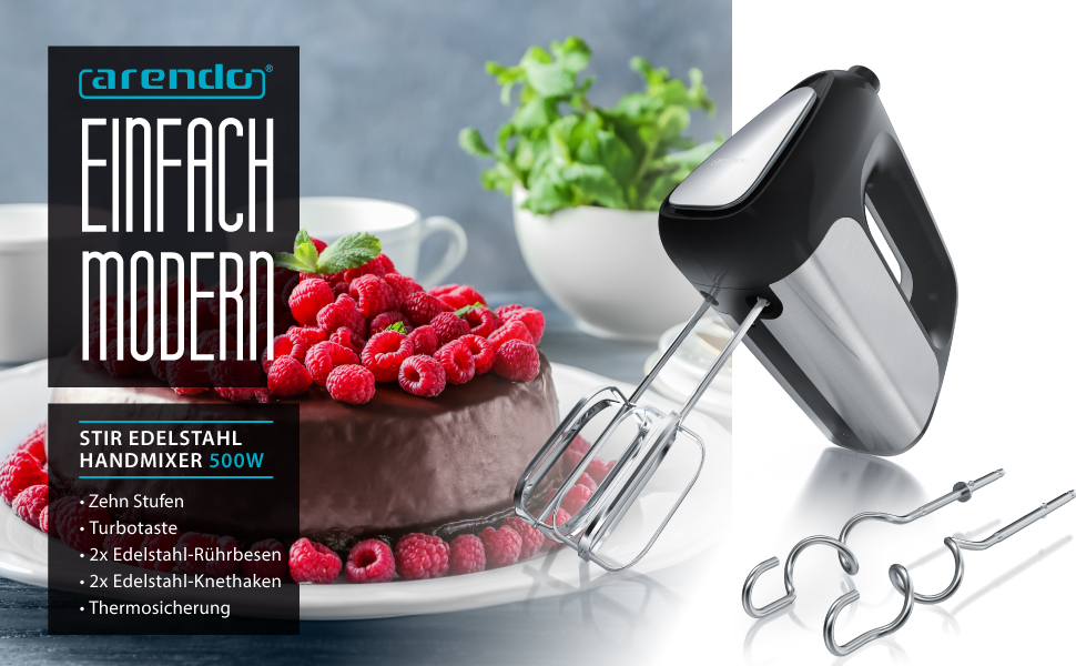 Електричний міксер Arendo 500 Вт з набором аксесуарів (2 вінчики, 2 гаки) – ручний міксер для приготування їжі, чорний