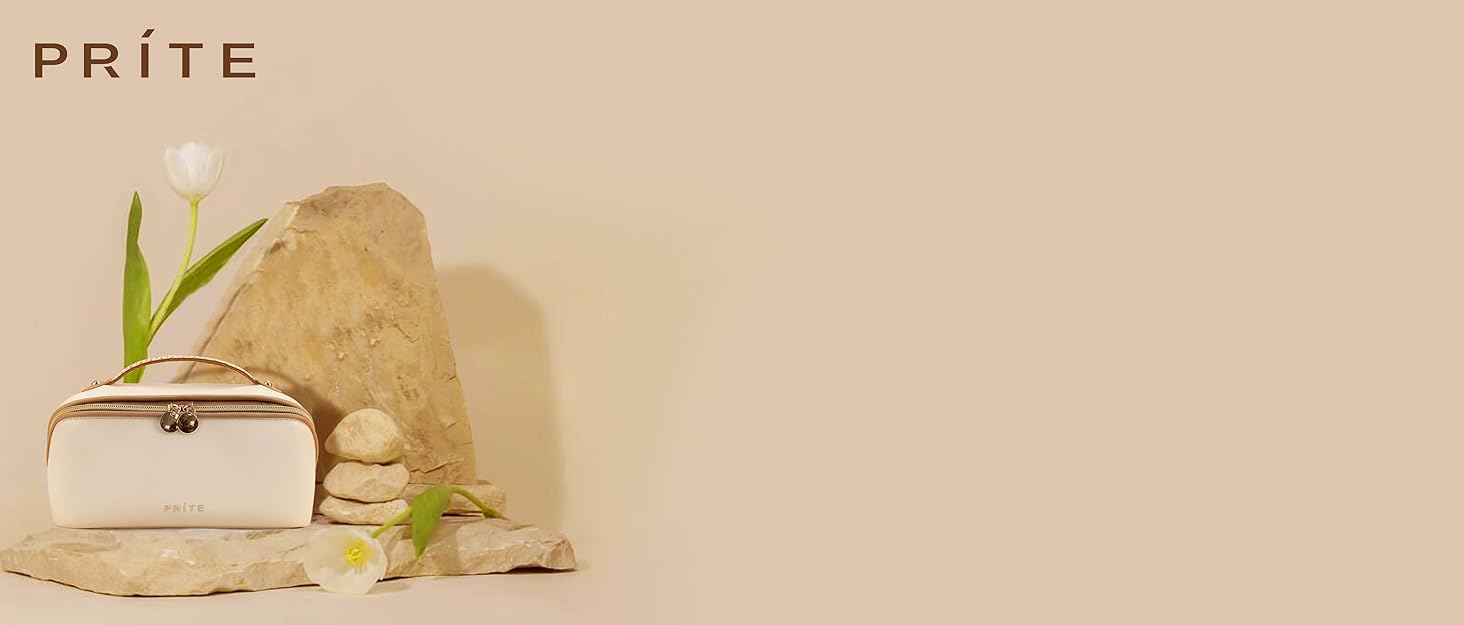 Косметичка велика містка для подорожей, водонепроникна з PU-шкіри, з прозорими перегородками та ручкою, бежева