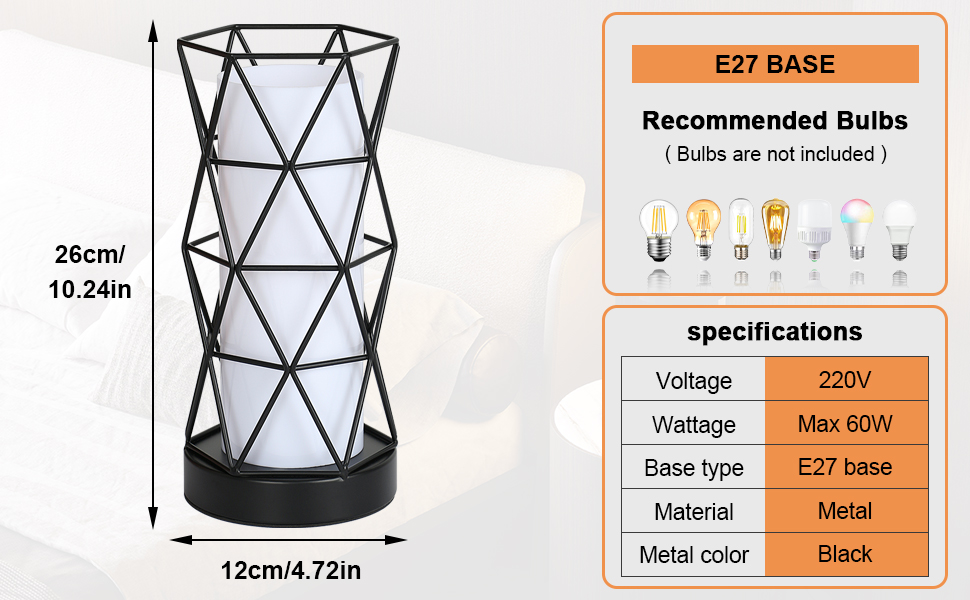 Настільна лампа з дерева та металу, вінтажний стиль, E14/E27, для дитячої, вітальні, спальні, бару (чорний)