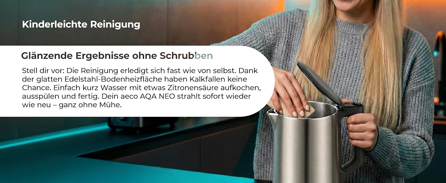 Електричний чайник Aeco AQA NEO з нержавіючої сталі, 1.7 л, 2150 Вт, без BPA, фільтр від накипу, бездротовий, CoolTouch, шампань сріблястий