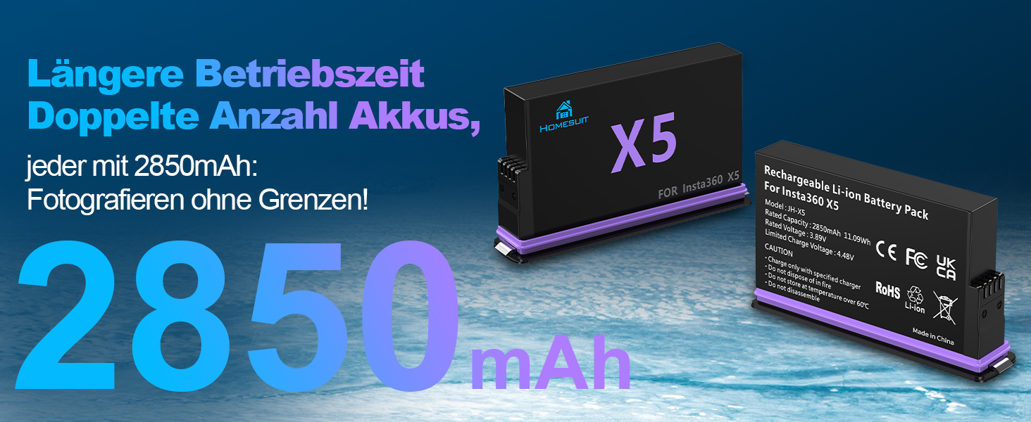 Homesuit Запасний акумулятор Insta360 X5 (2 шт.) 2850mAh + LED-зарядний пристрій з Dual-Slot та Micro SD кардридером (комплект)
