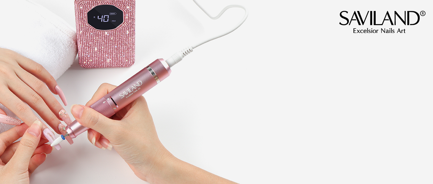 SAVILAND Професійний фрезер для нігтів Advanced 30S: електрична машинка для манікюру з 40000 обертів/хв, акумулятор 4000 mAh, 40 шт. насадок, для товстих акрилових нігтів (рожевий, діамантовий)