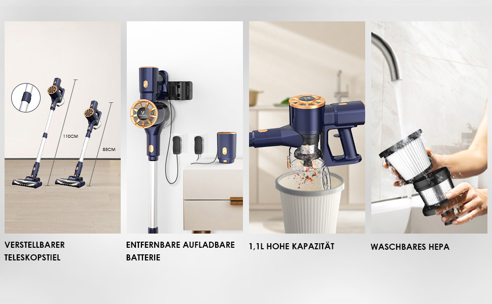 Бездротовий акумуляторний пилосос Vortisys - ручний, 350W, 45KPa, 55 хв роботи, 5-в-1 фільтрація, щітка проти ковтунів, для твердих поверхонь, килимів, шерсті тварин, темно-синій