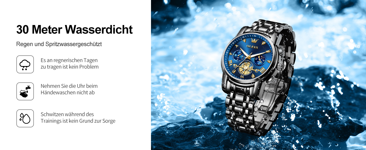 Годинник чоловічий OLEVS з металевим браслетом, кварцовий, з місячною фазою, хронограф, водостійкий, з нержавіючої сталі (2856 Blue / Black)