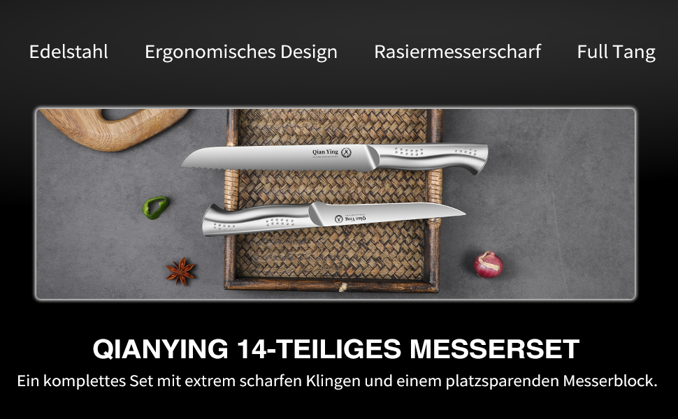 Набір кухонних ножів Qianying з блоком: 14 предметів. Набір ножів з підставкою, точилка, срібний колір. Кухонні ножі, подарунок для мами. Преміум якість.
