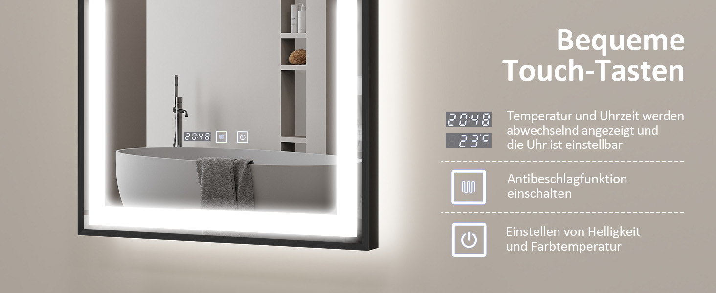 Дзеркало YOURLITE з підсвічуванням 70x50 см, LED дзеркало для ванної кімнати з годинником, сенсорне керування, 3 кольори світла, регулювання яскравості, антизапар, пам'ять, срібний (чорний-5070)