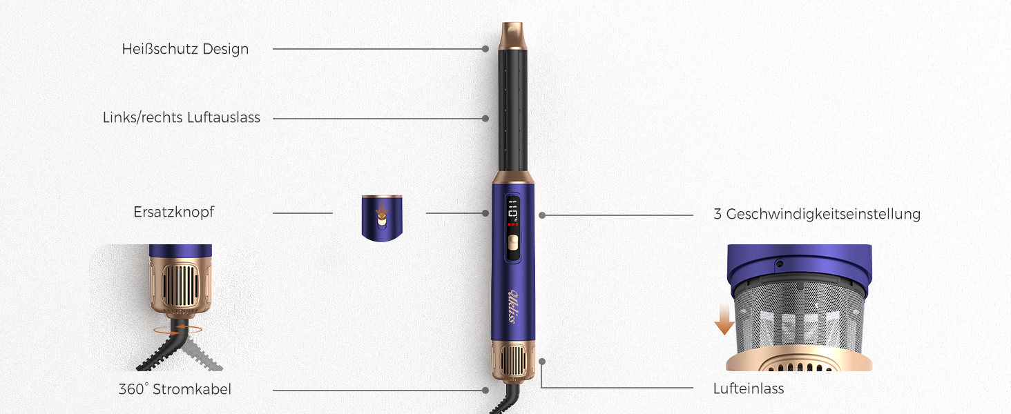 Мультистайлер для волосся 6 в 1 UKLISS Air Styler Set з дифузором, фен-щітка та вирівнювач для волосся, 1000 Вт, LCD-дисплей, Gold Blau